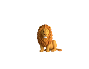 A cartoon lion sits regally, front on against a black background, rendered