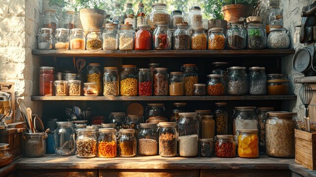 Pantry shelves filled with jars of various grains, spices, and preserved foods