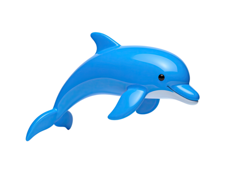 Vibrant cartoon dolphin leaps, showcasing glossy blue color and a smiling face