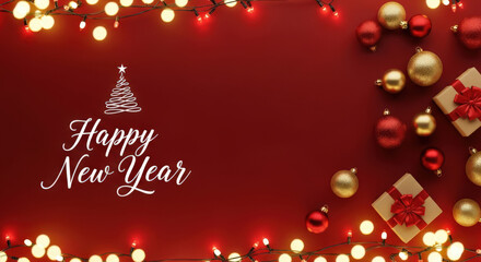 Naklejka premium Happy New Year Festive Celebration with Ornaments and Lights Holiday Season Greetings Card