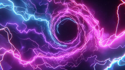 A luminous vortex tunnel swirls with electric blue and magenta energy, leading to a dark center