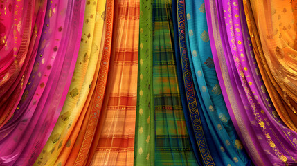 Bright multicolored fabric rolls hanging with intricate designs