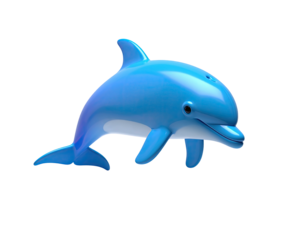A glossy, friendly-looking cartoon dolphin with a blue body, floating against black