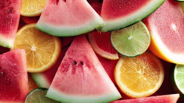 Refreshing Fruit Medley: A vibrant assortment of juicy watermelon slices, tangy orange segments, and zesty lime wedges creates a captivating composition of color and flavor.