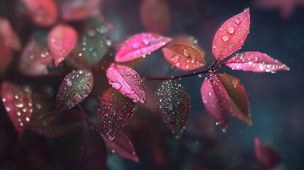 Close-up of red leaves with water droplets against a blurred, dark background; nature study