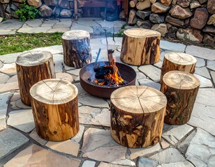 Rustic Outdoor Fire Pit with Wooden Seating.