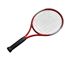 Red tennis racket, viewed from above, with black grip and strings, set against black