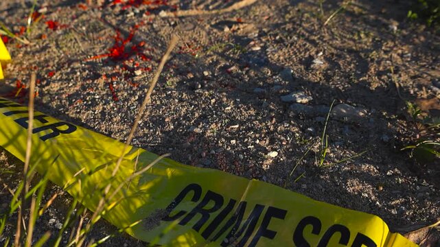 Close up video gliding over a abandoned on unsolved crime area with yellow colored crime scene tape on dirt ground with blood spatter and a crime scene police marker next to it. Sunny day, rural area.