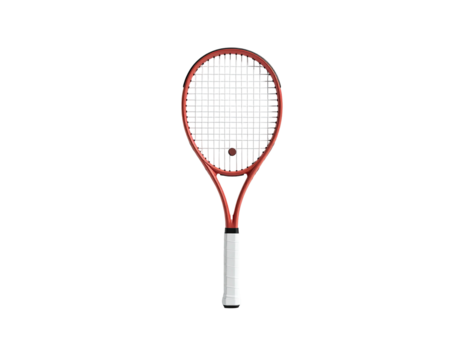 A red tennis racket with white grip, suspended against a solid black backdrop
