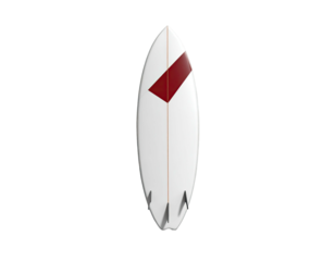 White surfboard, angled red diamond design, four fins, against a black background