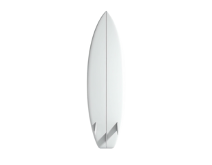 Overhead view of a surfboard; light gray, centered against a stark black background