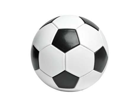 A close-up of a standard soccer ball with pentagonal and hexagonal black/white panels