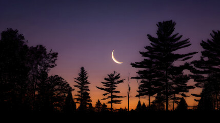 Crescent moon in purple twilight sky with forest silhouette. 
