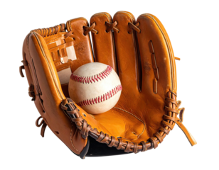 A well-worn brown leather baseball glove cradles a baseball