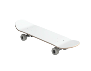 A simple white skateboard with gray wheels, isolated on a black background
