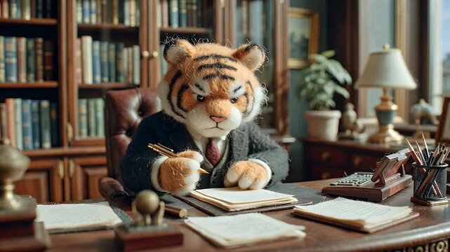 Animated tiger in suit at desk reviewing documents in home office