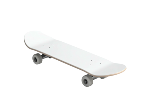 A simple white skateboard with gray wheels, isolated on a black background