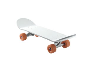 Simple white skateboard with orange wheels against a black background