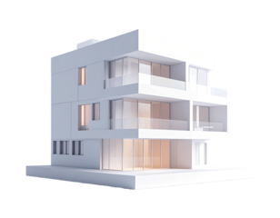 Modern white multi-level building with glass balconies, sunlit interiors, and sharp angles