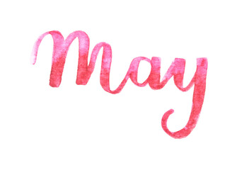 Red watercolor brush script of the word may in artistic style on white background.