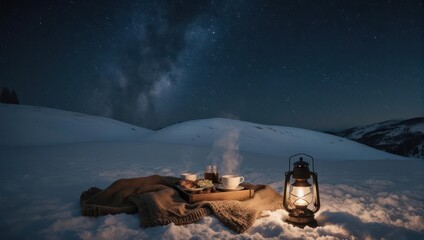 Obraz premium Cozy Winter Night Picnic Under the Stars with Lantern and Warm Drinks.