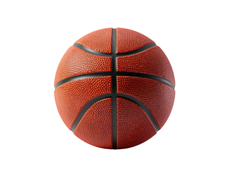 A close-up, realistic image of a basketball with its seams, isolated on black