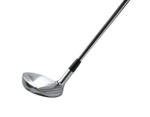 A shiny, angled golf club head and shaft against a pure black backdrop