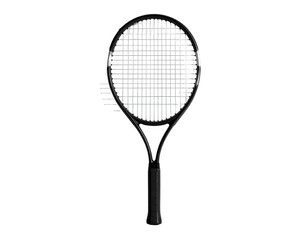 A sleek, black tennis racket against a stark black background, poised for play