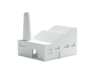 A minimalist 3D-rendered white industrial building with a tall smokestack