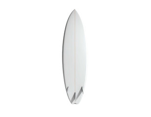 Isolated white surfboard, fins visible, against stark black backdrop