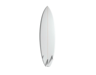 Isolated white surfboard, fins visible, against stark black backdrop