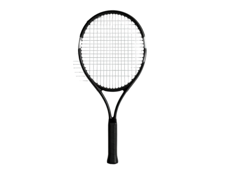 A sleek, black tennis racket against a stark black background, poised for play