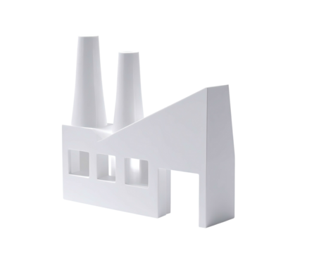 A minimalist white factory illustration on a black background, side view