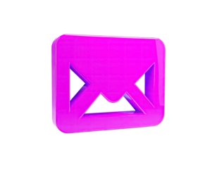 A glossy, pink, three-dimensional email envelope icon on a stark black background