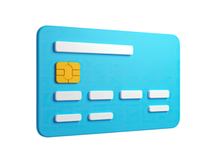 3D rendered bright blue credit card with chip and details on black background