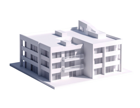 A white, minimalist apartment building rendered with sharp shadows