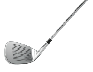 Metallic golf club angled with clubface visible against a black background