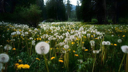 Obraz premium Close-up of blooming dandelion flowers in green meadow 