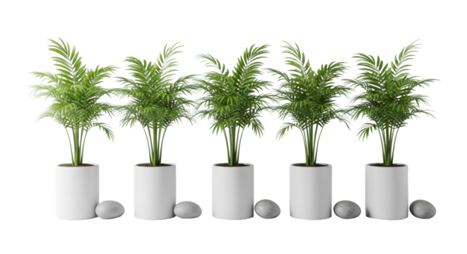 Five miniature potted palm trees in white ceramic pots with grey stones, linearly arranged on a solid transparent background with even studio lighting, minimalist decor concept
