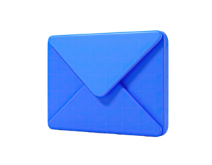 A 3D rendering of a blue envelope floating against a stark black background
