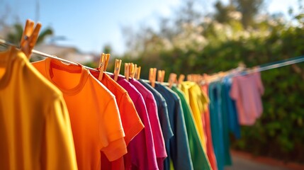 Obraz premium Colorful T Shirts Drying on a Clothesline in Bright Sunlight