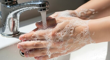 Fototapeta premium Close-up of hands being washed with soap and water in a bathroom sink.
