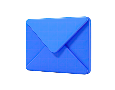 A 3D rendering of a blue envelope floating against a stark black background
