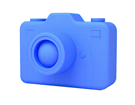 A digital rendered 3D blue camera floats against a solid black background - Powered by Adobe