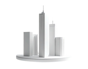 Simplified cityscape, white geometric structures atop a circular platform