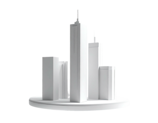 Simplified cityscape, white geometric structures atop a circular platform