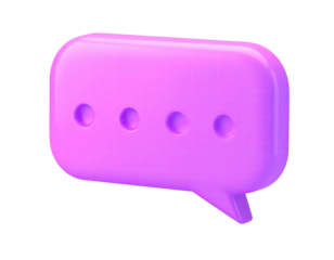 3D rendering of a glossy, pink speech bubble with ellipsis and a black background