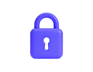 A 3D rendered vibrant purple padlock isolated on a solid black background