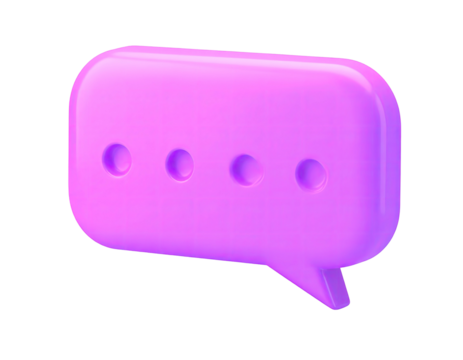 3D rendering of a glossy, pink speech bubble with ellipsis and a black background