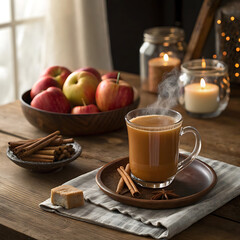 A cozy, warm-toned scene of hot apple cider steaming next to a bowl of caramel apples and cinnamon sticks on a wooden table.